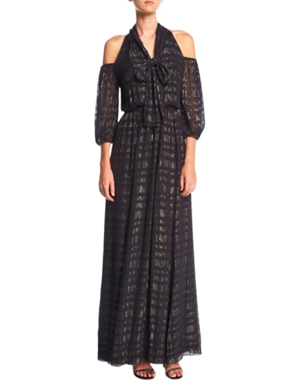 Shoshanna Midnight Silk Metallic Maxi Dress Black Gold Cold Shoulder Gown Size 4